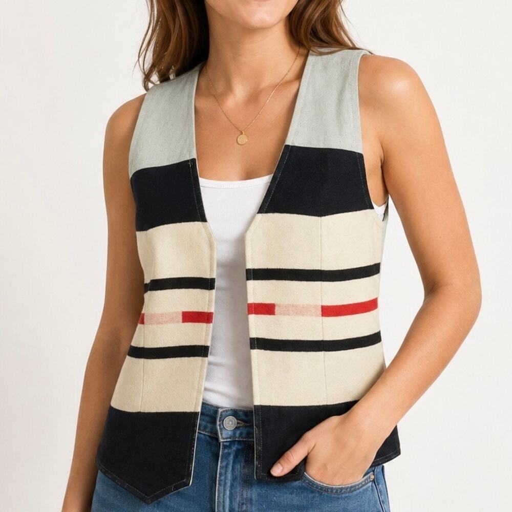 PENDLETON | Portland Collection Denim Wool Vest Boho Stripe Open Front‎ | Small